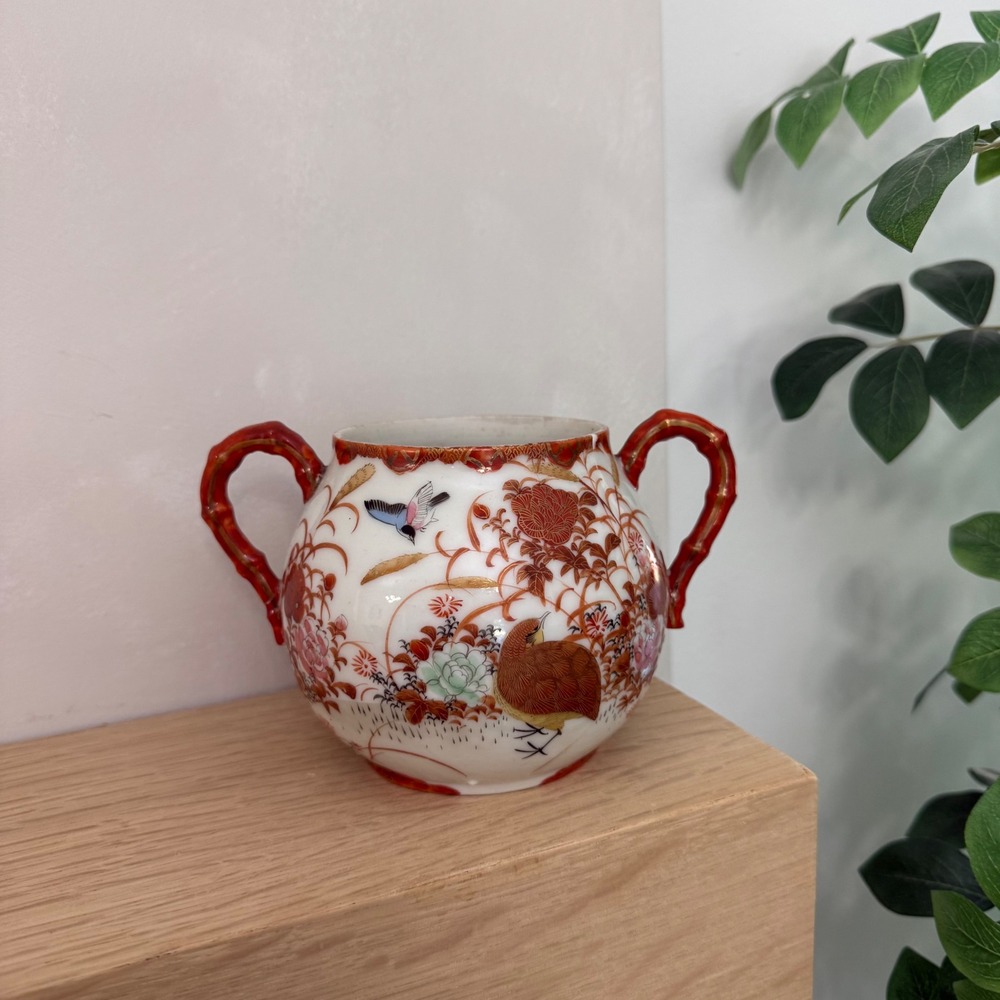 Vintage Japanese Kutani Porcelain Sugar Bowl Hand Painted‎ Bird Floral Gold Red
